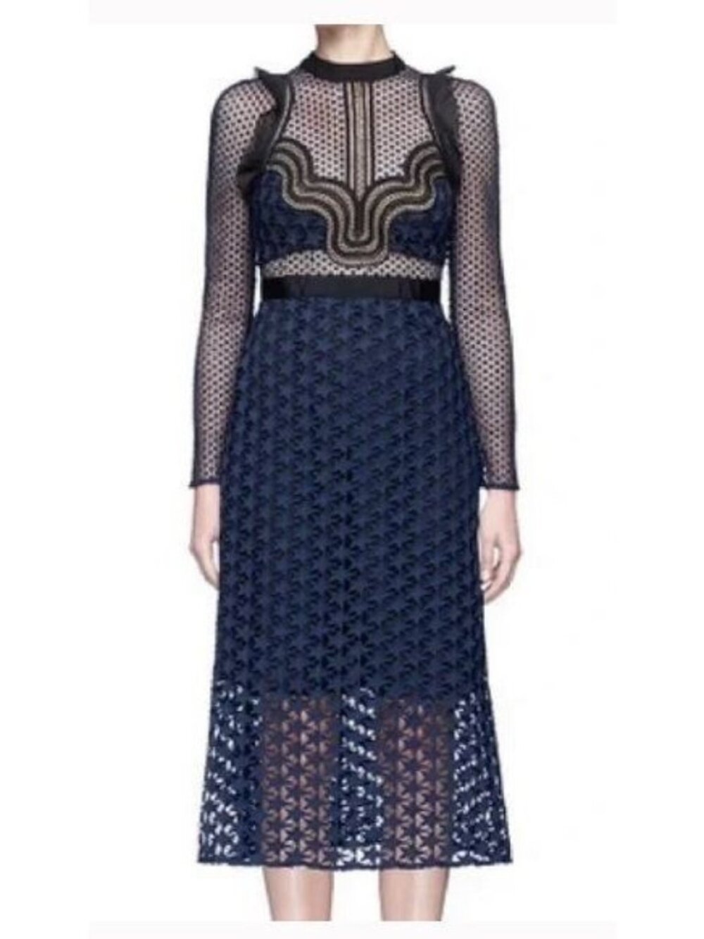 Self Portrait Navy Lace Midi Dress Womens Size 2 Sheer Long Sleeve Paris Hilton